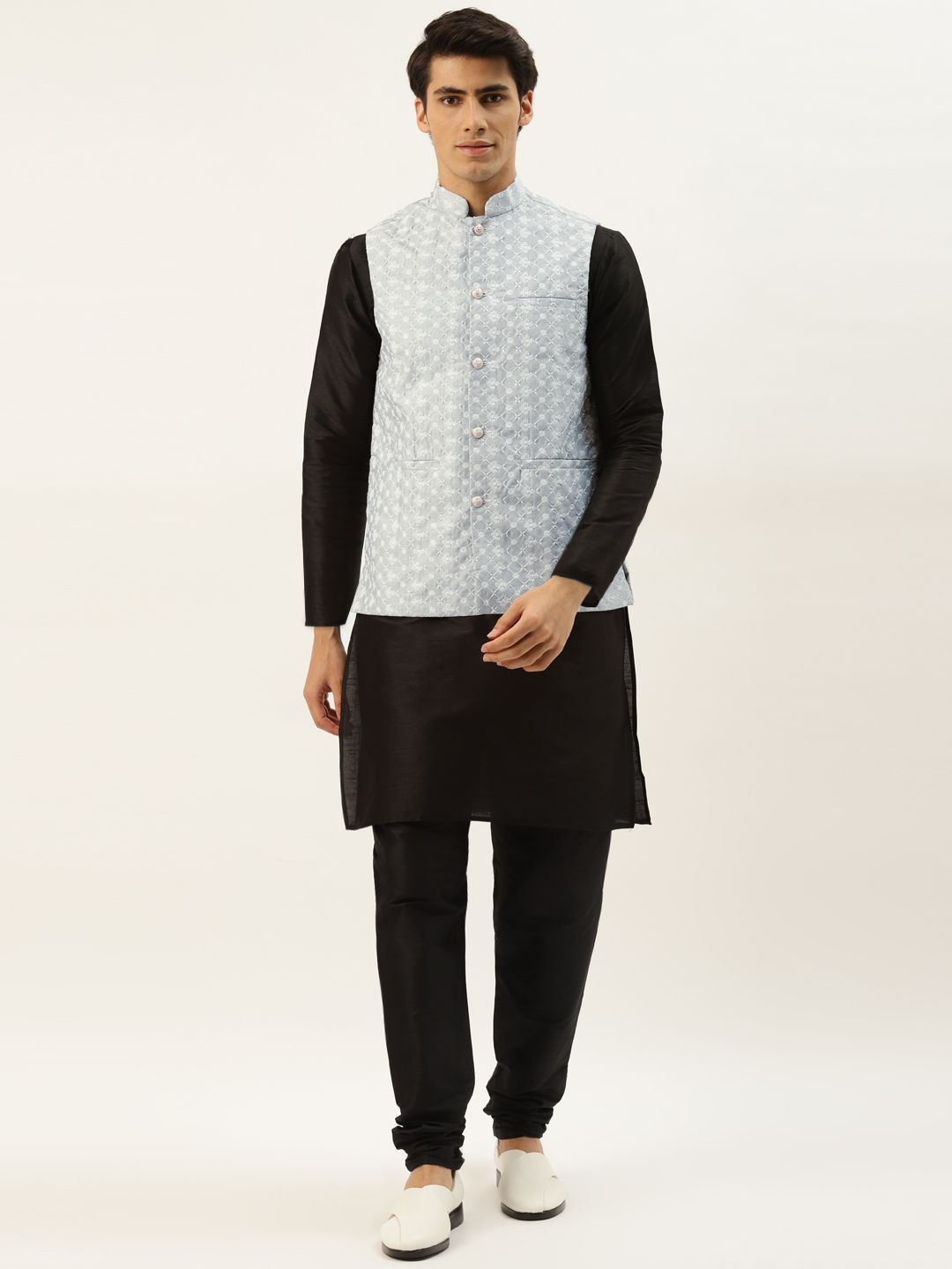 SOJANYA Men Black Thread Work Kurta with Churidar & Nehru Jacket
