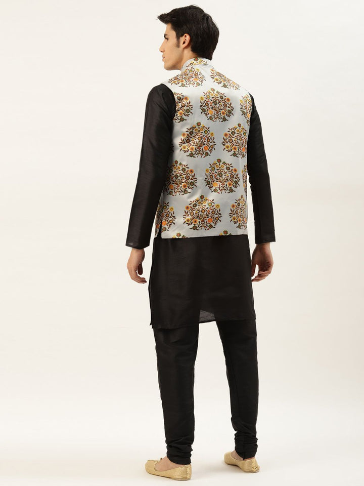 SOJANYA Men Black & Grey Jacquard Woven Design Kurta with Churidar & Nehru Jacket