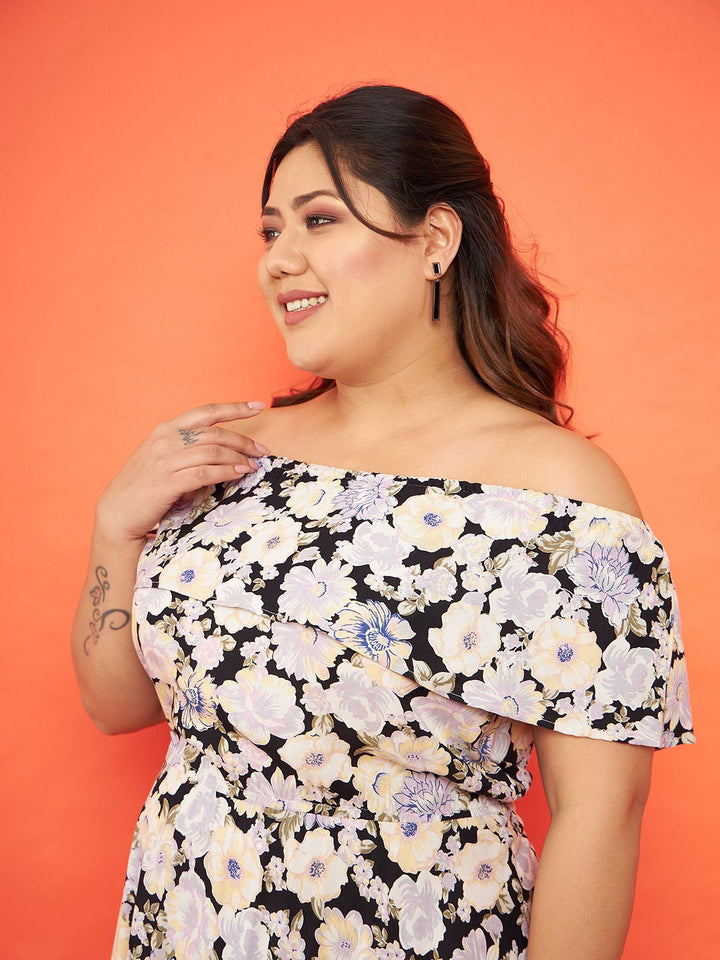 SASSAFRAS Curve Plus Size Floral Printed Off-Shoulder Midi Dress