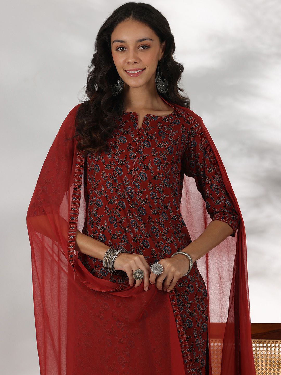 Libas Floral Printed Notch Neck Pure Cotton Straight Kurta with Palazzos & Dupatta