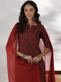 Libas Floral Printed Notch Neck Pure Cotton Straight Kurta with Palazzos & Dupatta