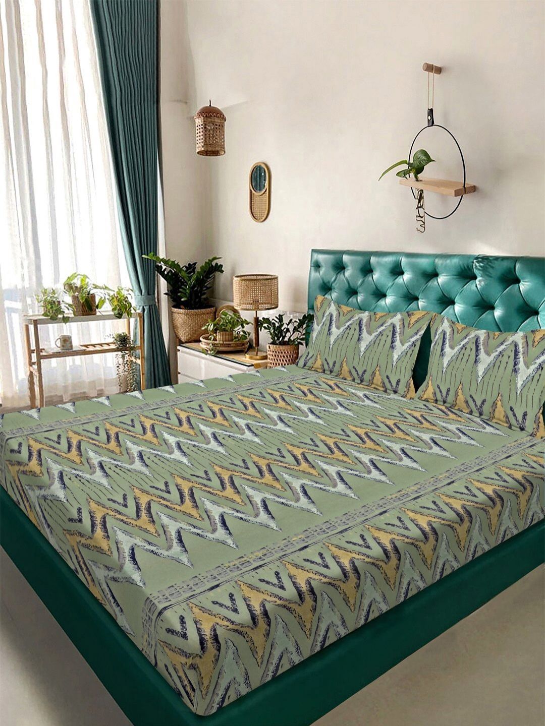 KLOTTHE Green Chevron Cotton 300 TC King Cadar Halus dengan 2 Sarung Bantal-98 x 89 inci