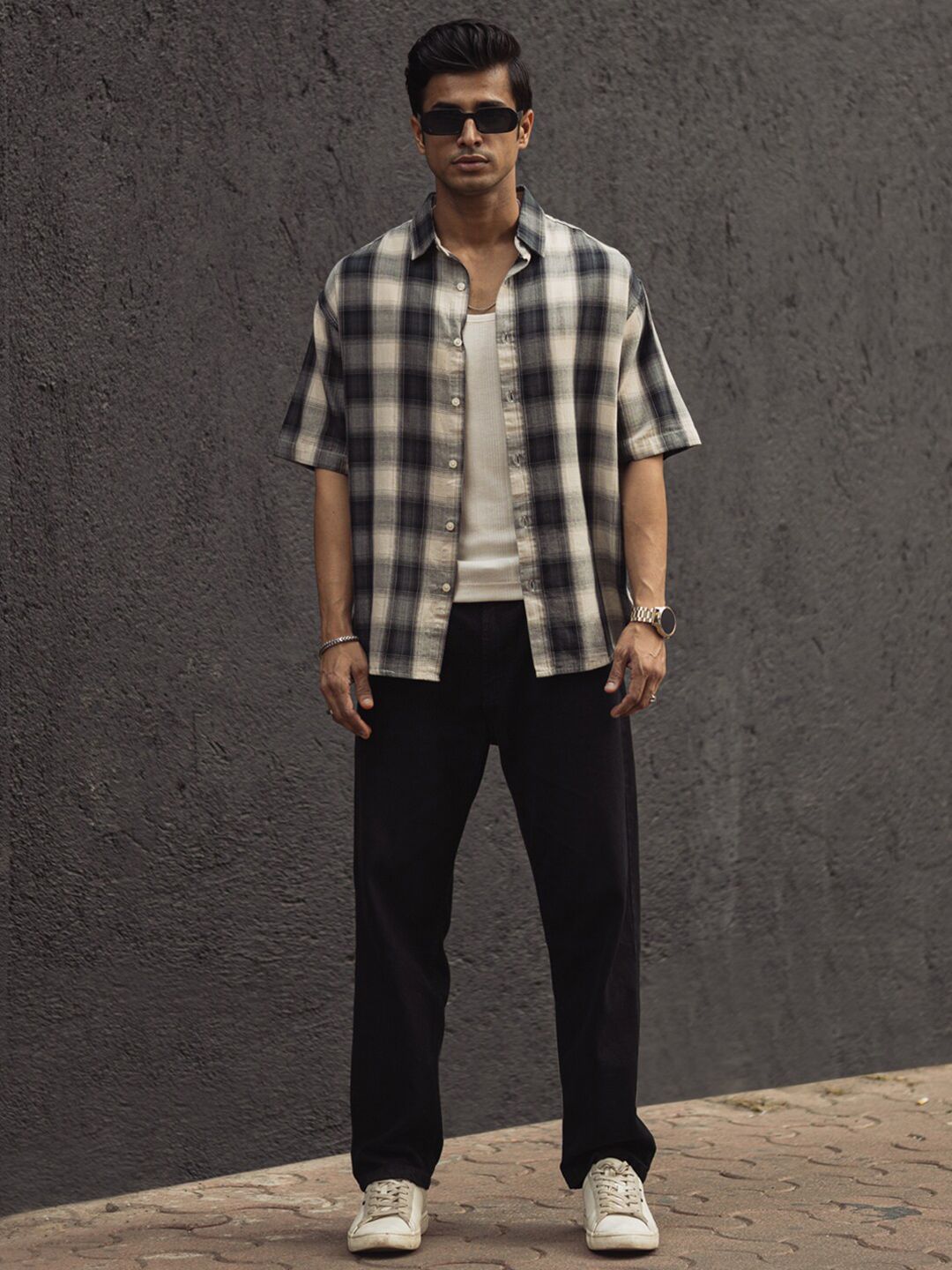 Powerlook India Slim Tartan Checked Drop-Shoulder Sleeves Cotton Oversized Shirt