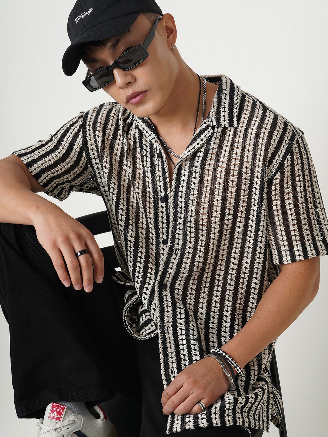 VASTRADO Men Classic Cuban Collar Multi Striped Pure Cotton Oversized Casual Shirt