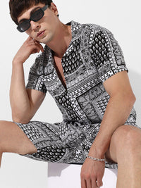 Campus Sutra Men Black & White Bohemian Printed Shirt Collar Co-Ord