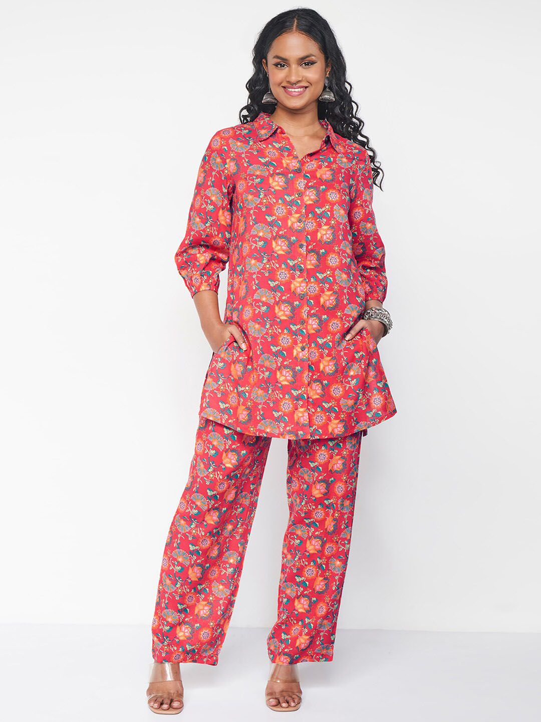 Global Desi Collar Neck Shirt & Mid -Rise Trouser Co-Ords