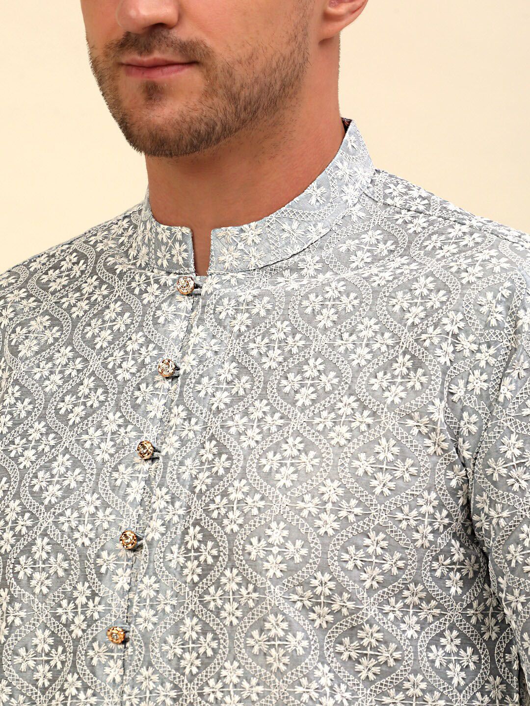 Anouk Grey Floral Embroidered Regular Chikankari Kurta with Pyjama