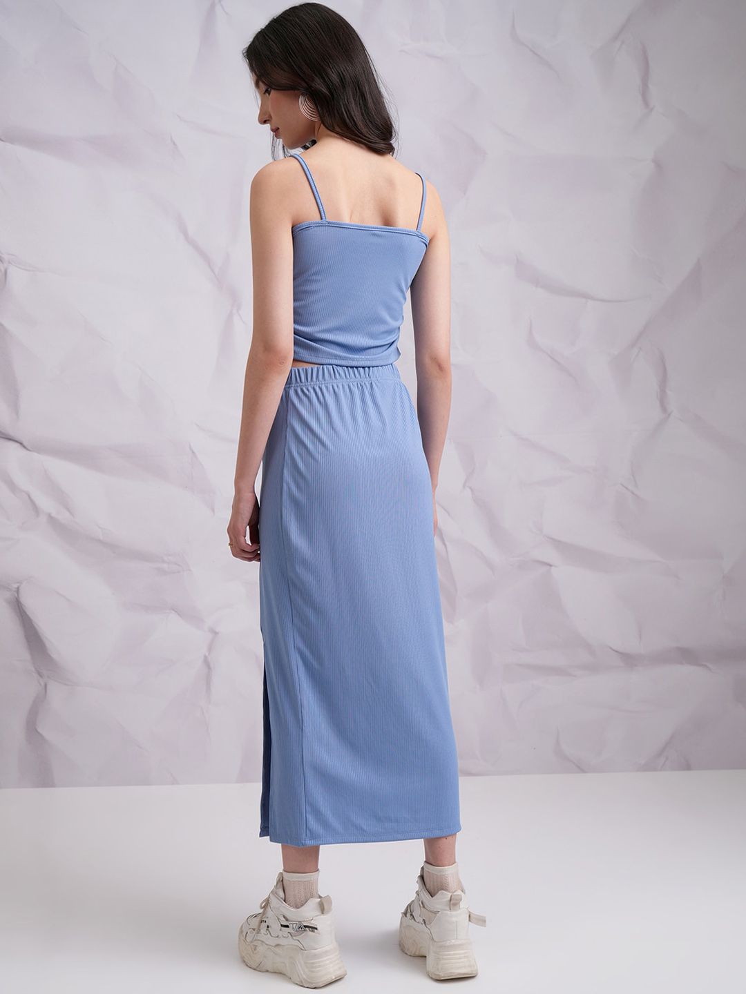 Tokyo Talkies Blue Ribbed Shoulder Straps Top With Flared Split Skirt