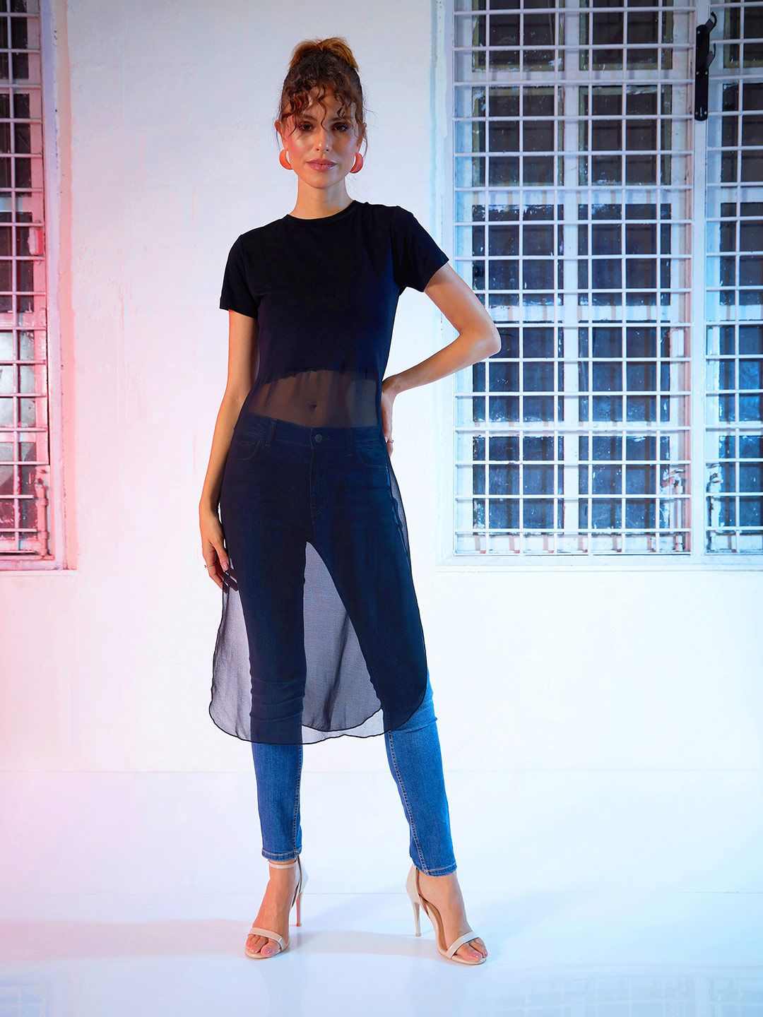 SASSAFRAS Black Semi-Sheer Longline A-Line Top