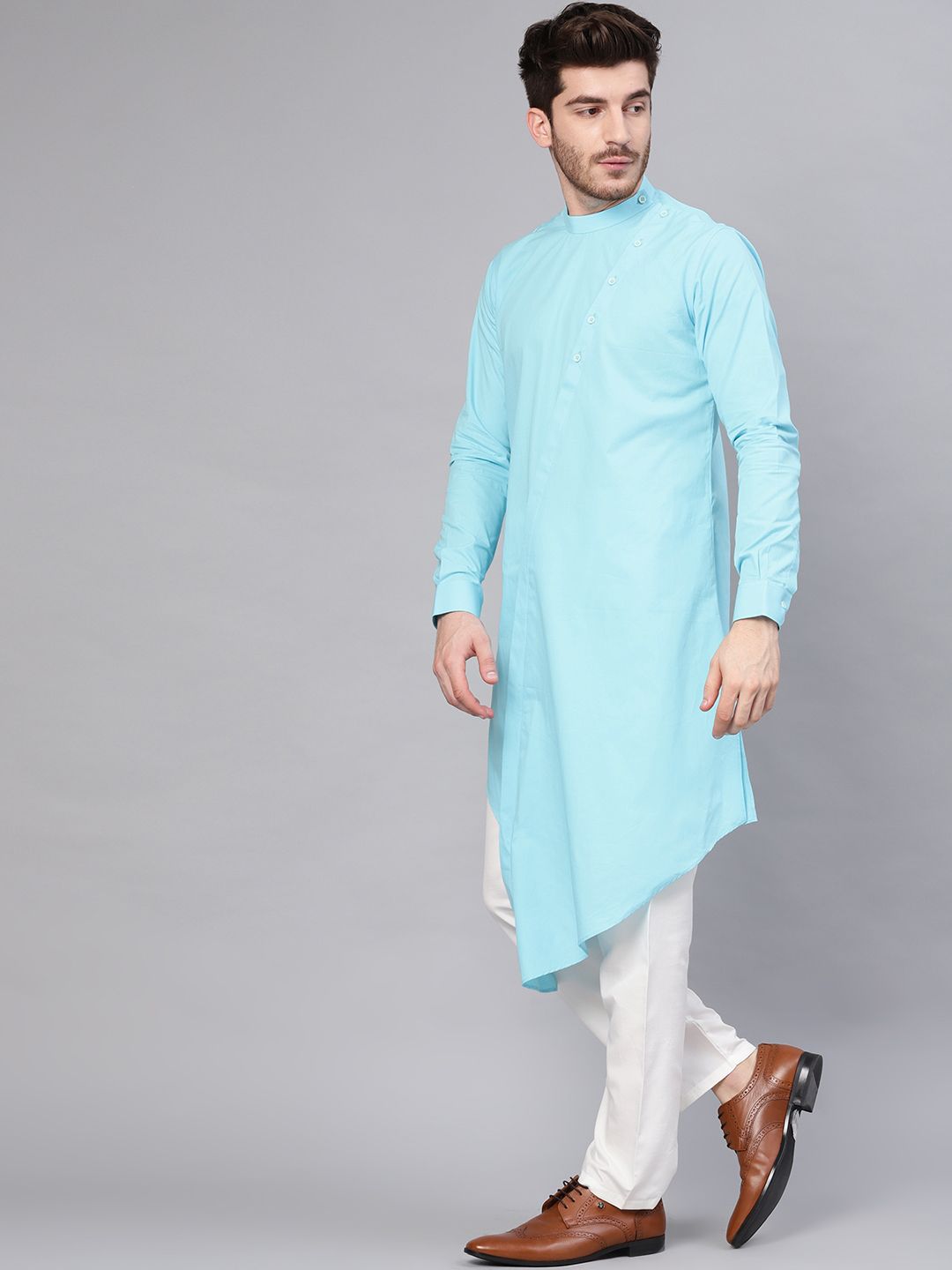 See Designs Men Blue Solid Asymmetrical Hemline Straight Kurta