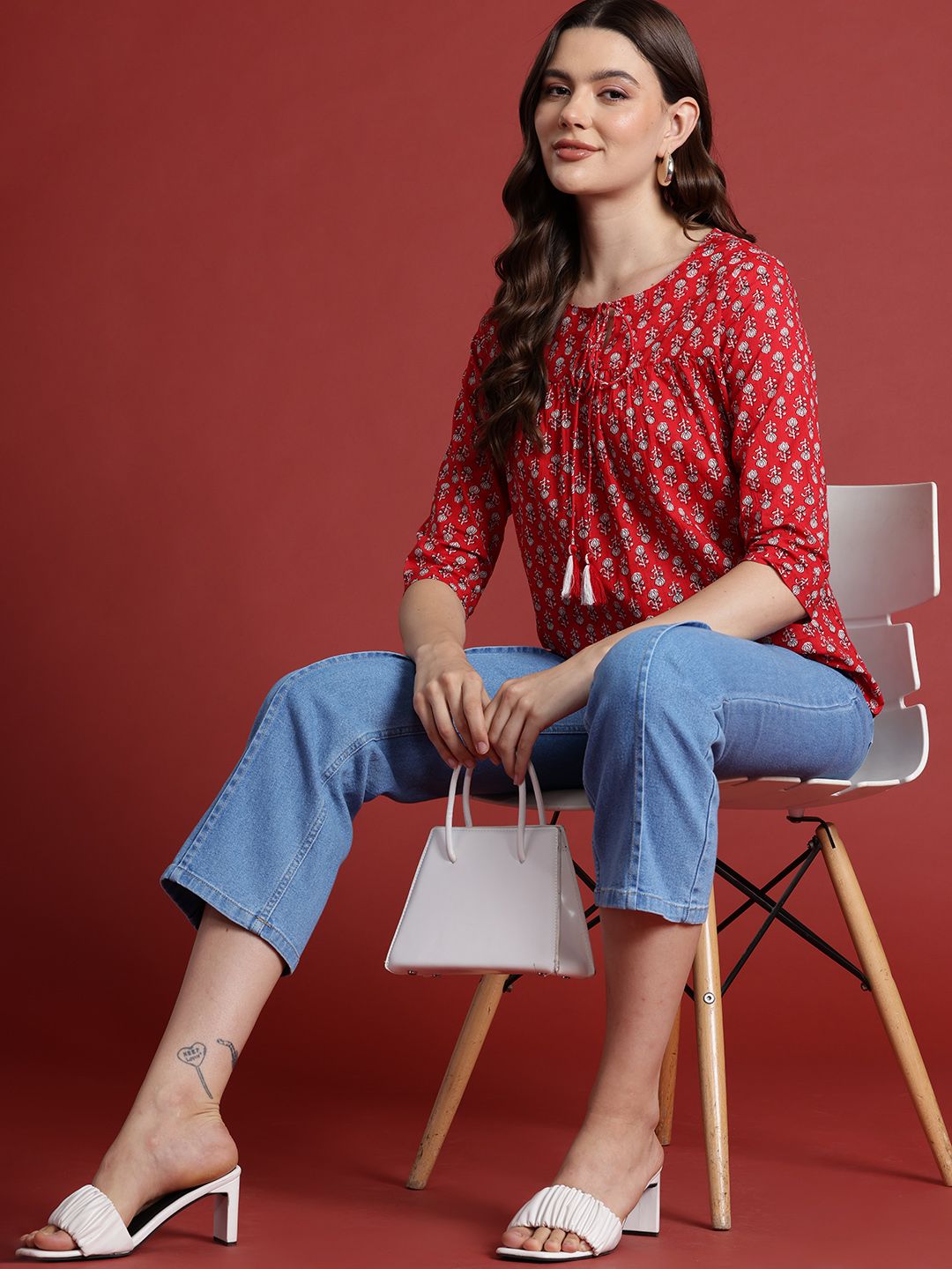all about you Ethnic Motifs Print Pure Cotton Pleated Short Kurti