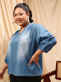 CURVY STREET Plus Size Mandarin Collar Puff Sleeves Pure Cotton Denim Top