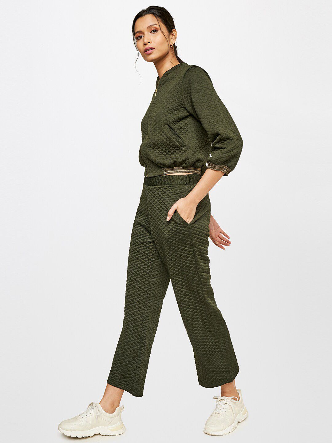 AND Women Olive Green Self Design Co-ords