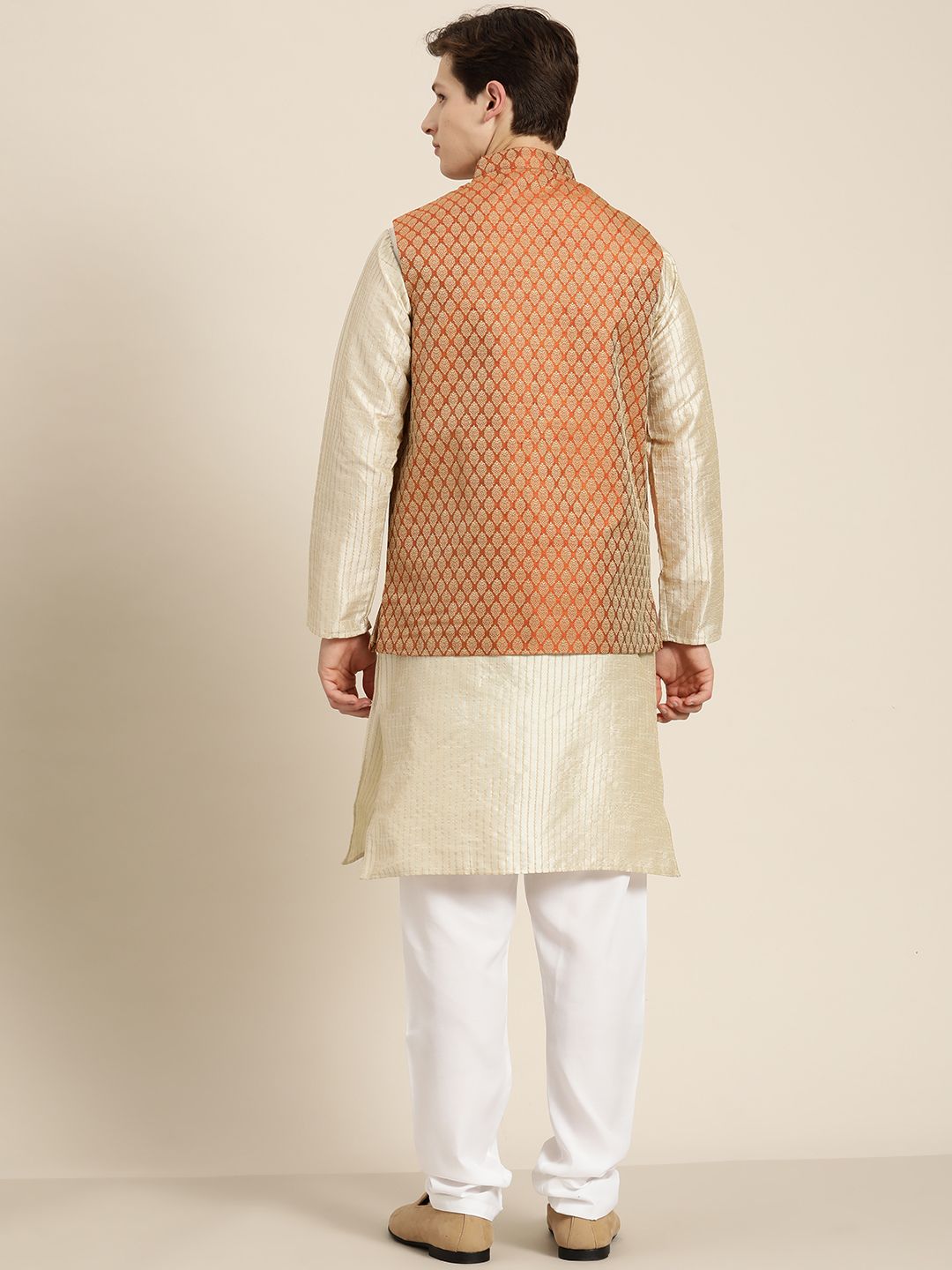 SOJANYA Men Cream-Coloured Striped Thread Work Straight Kurta Churidar with Nehru Jacket