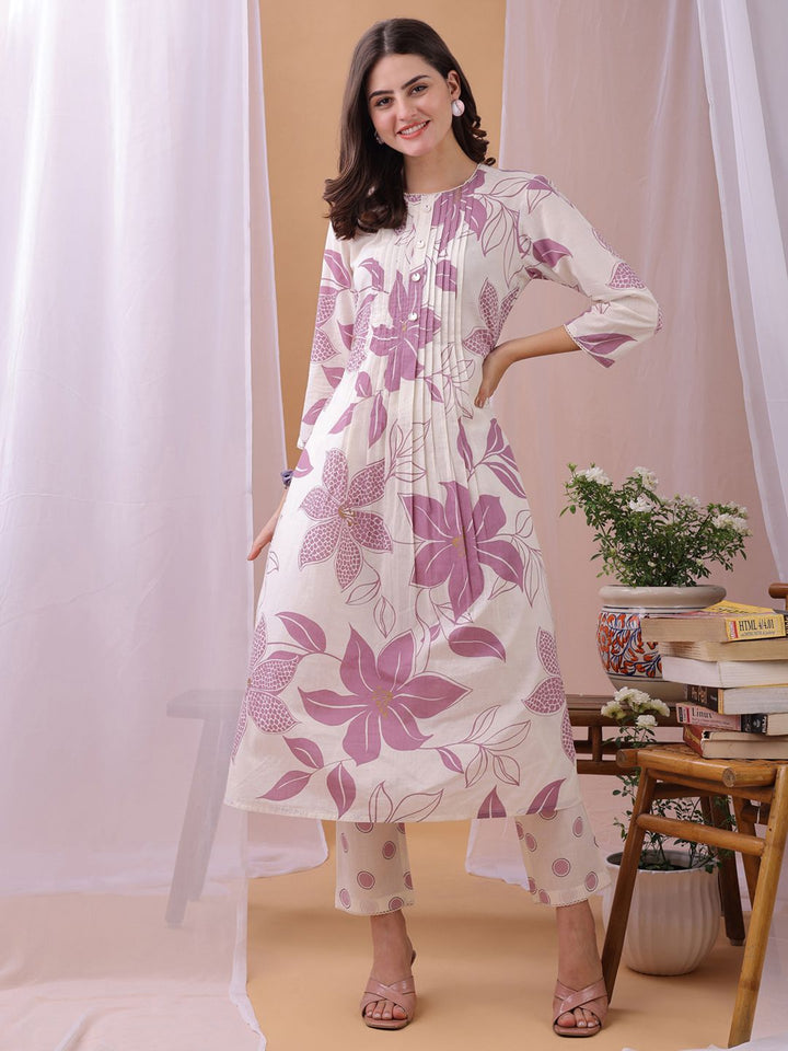KALINI Women Floral Printed Regular Beads and Stones Pure Cotton Kurta with Trousers