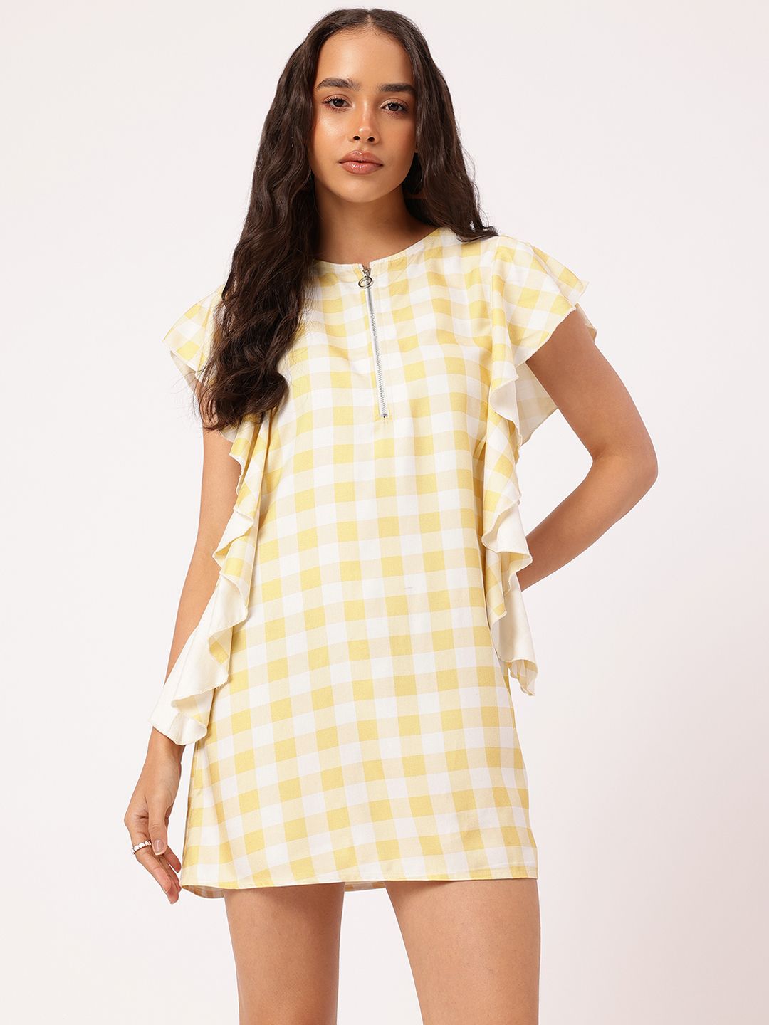 DressBerry Flowy Fantasy Checked Ruffled Mini Sheath Dress