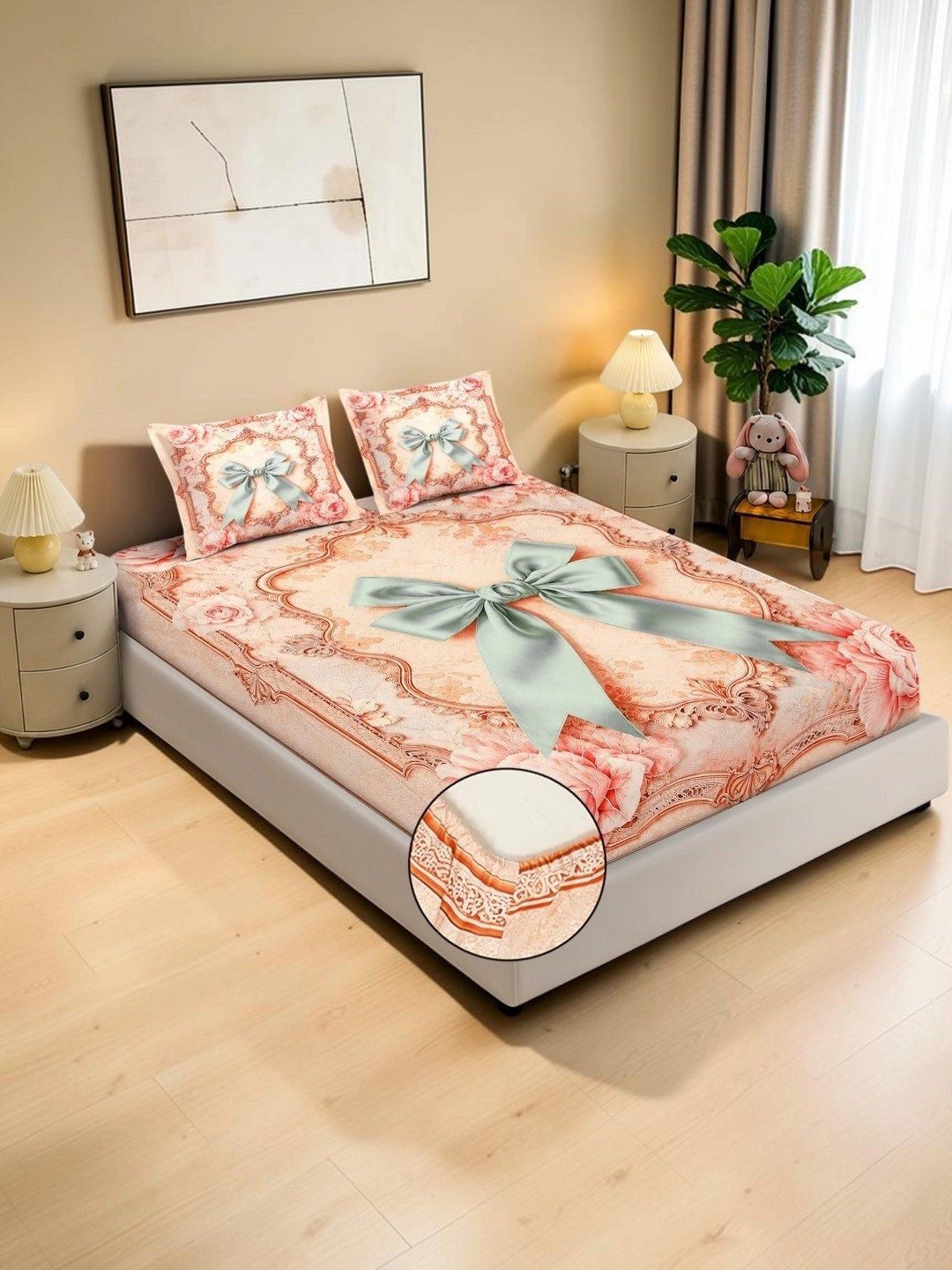 KLOTTHE Peach-Coloured Floral 400 TC King Bedsheet with 2 Pillow Covers