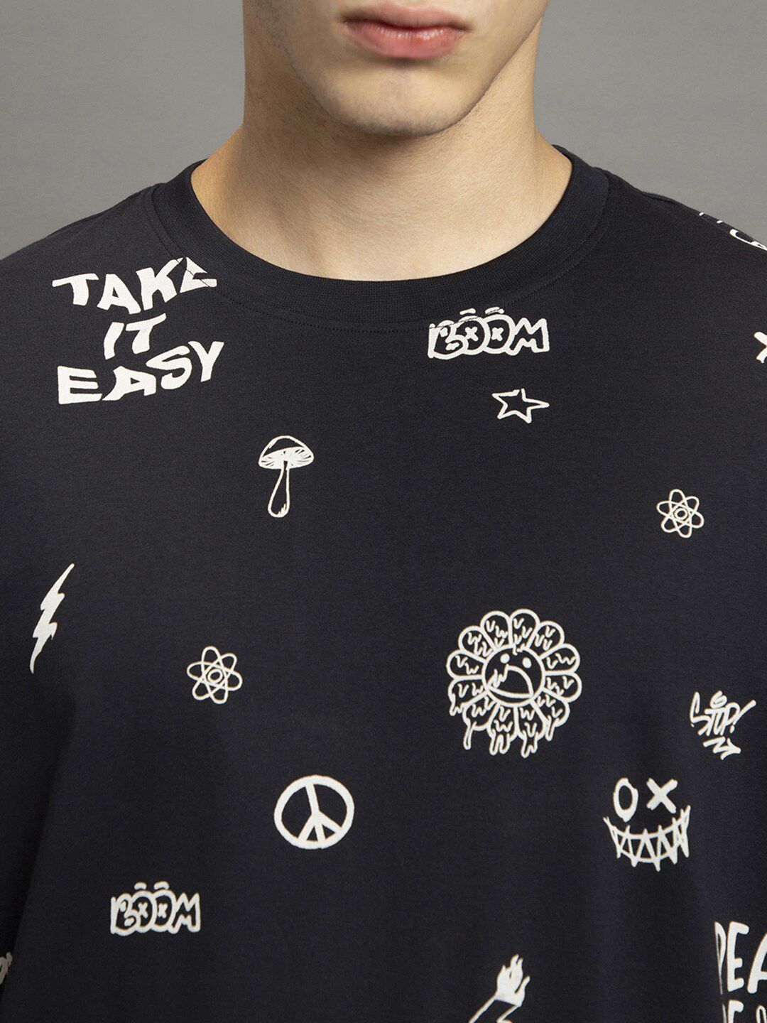 Bewakoof Conversational Printed Drop-Shoulder Sleeves Pure Cotton Oversized T-shirt