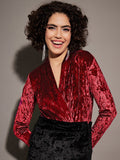 SASSAFRAS Self Design Velvet V-Neck Wrap Bodysuit
