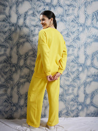 Athena Yellow Graphic Printed Drop Shoulder Sleeves Fleece Pullover