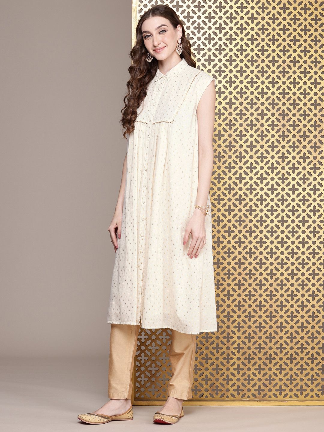 House of Pataudi Geometric Woven Design Shirt Collar Gotta Patti Detail Jashn A-Line Kurta