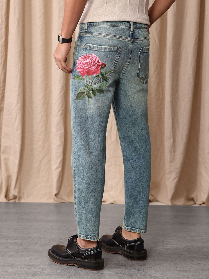 Mr Bowerbird Men Tapered Fit Mid-Rise Heavy Fade Printed Cropped Stretchable Jeans