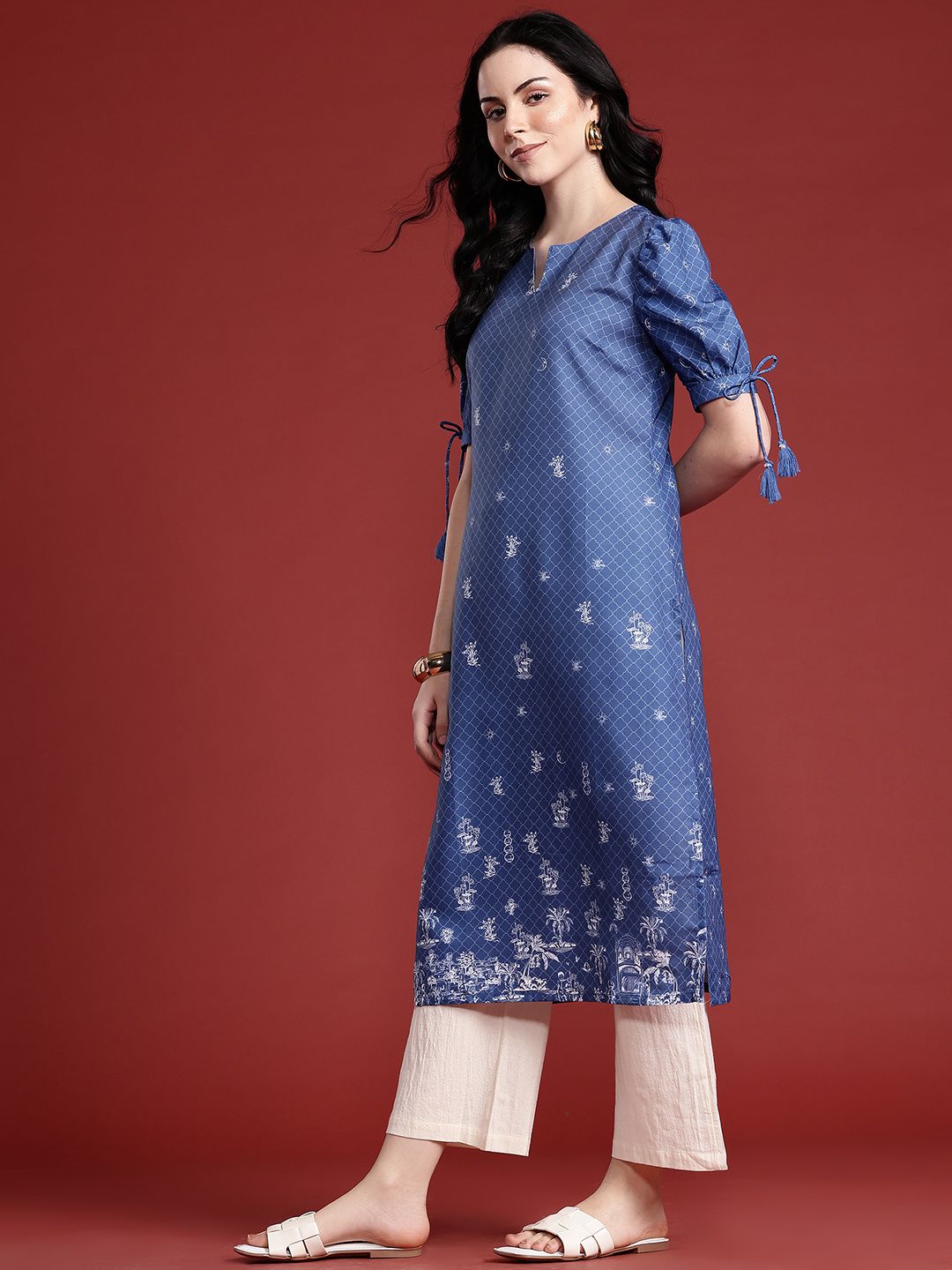 Anouk Checked Puff Sleeve Kurta