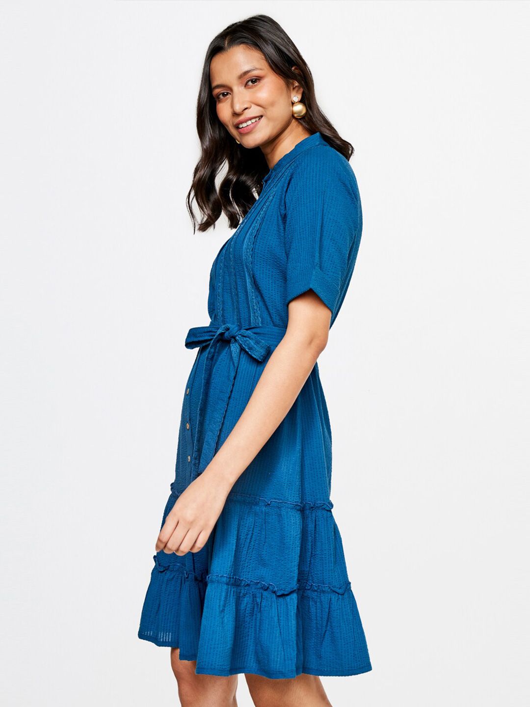 AND Women Blue A-Line Tiered Cotton Dress