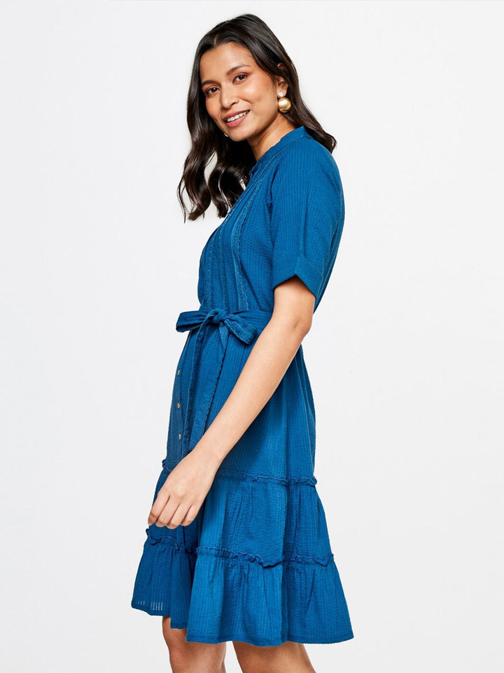 AND Women Blue A-Line Tiered Cotton Dress