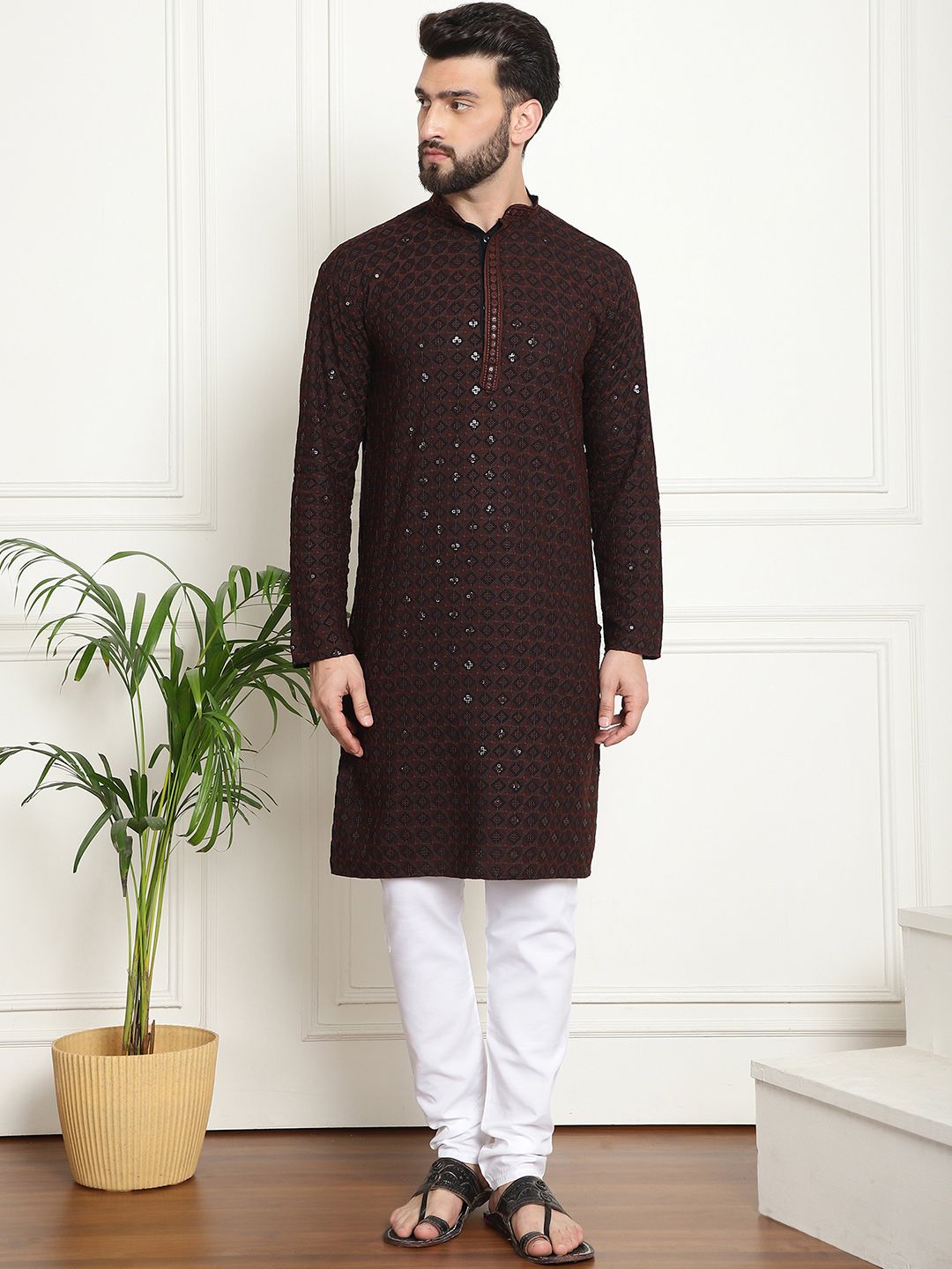 SOJANYA Embroidered Sequinned Pure Cotton Kurta with Churidar