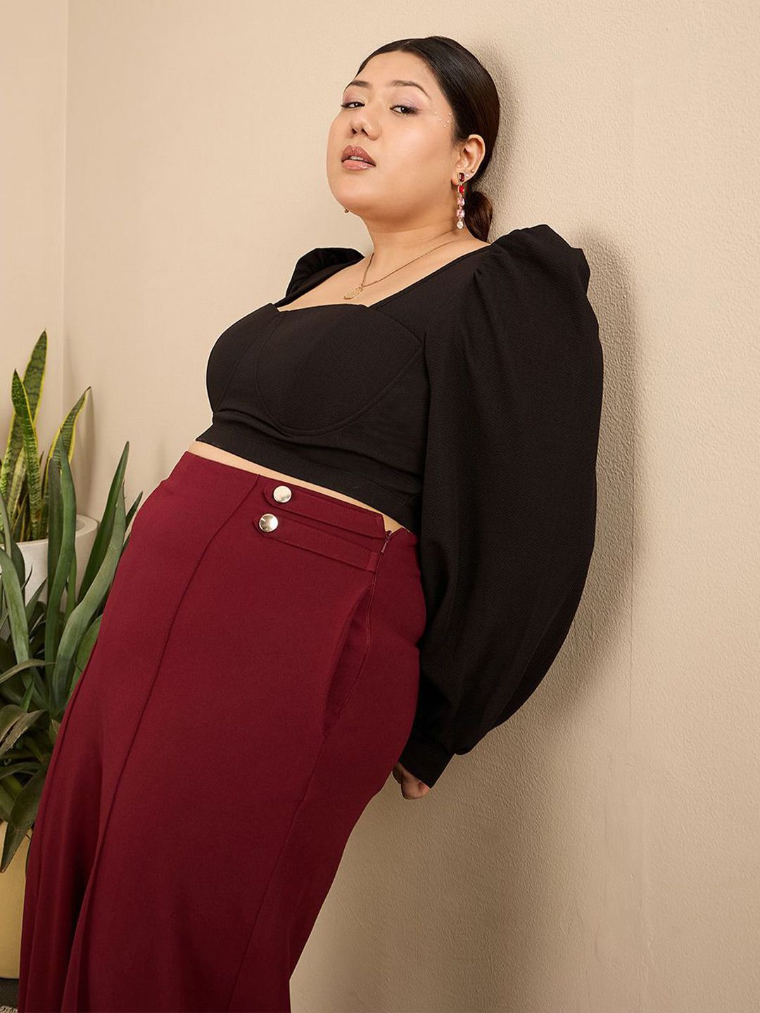 Berrylush Curve Sweetheart Neck Bishop Sleeves Plus Size Crop Top