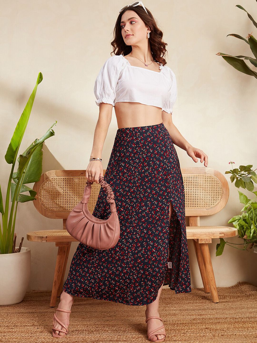 Berrylush Navy Blue & Red Printed Flared A-Line Skirt