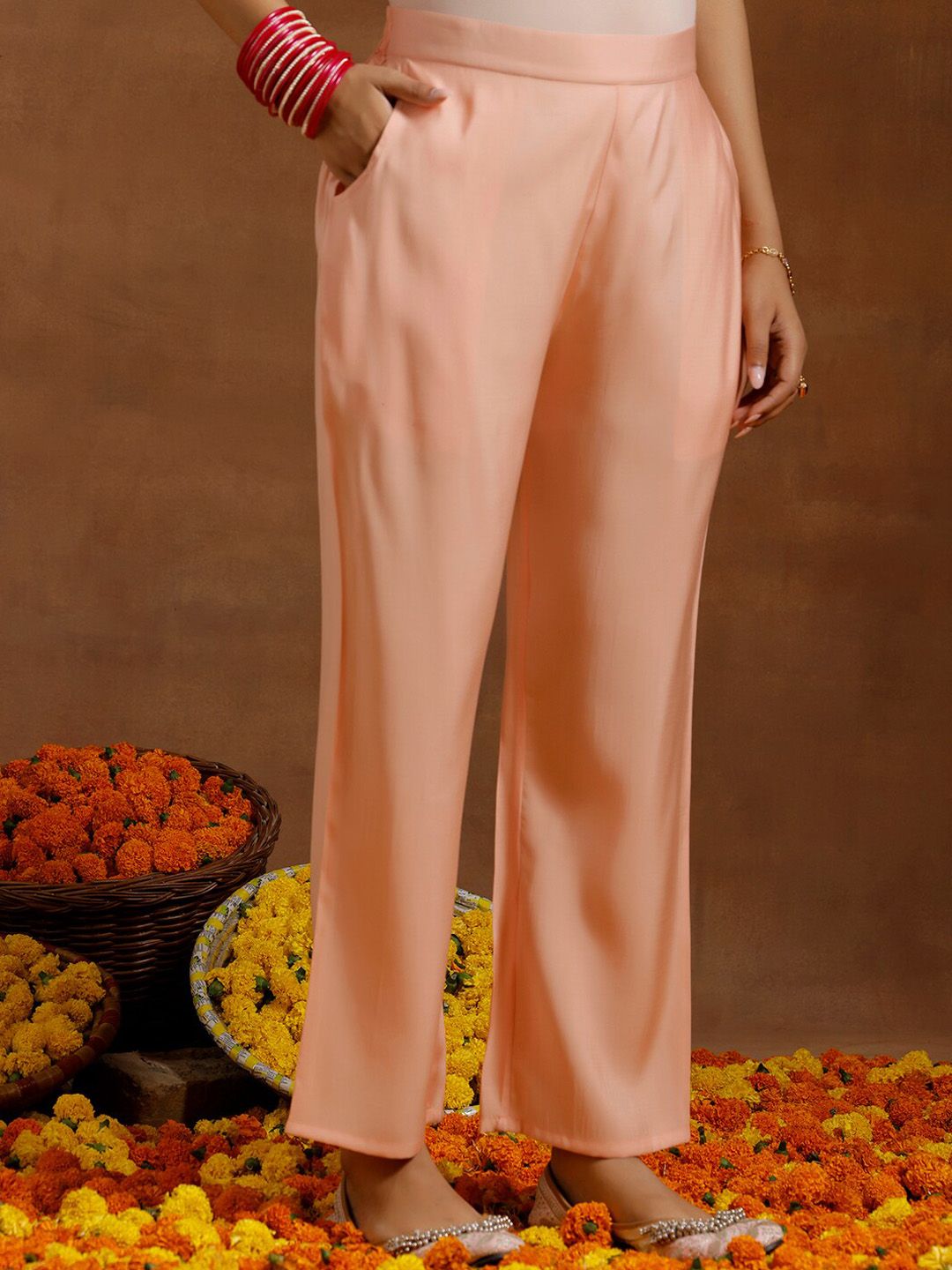 Libas Floral Yoke Design Regular Sequinned Straight Kurta With Trousers & Dupatta
