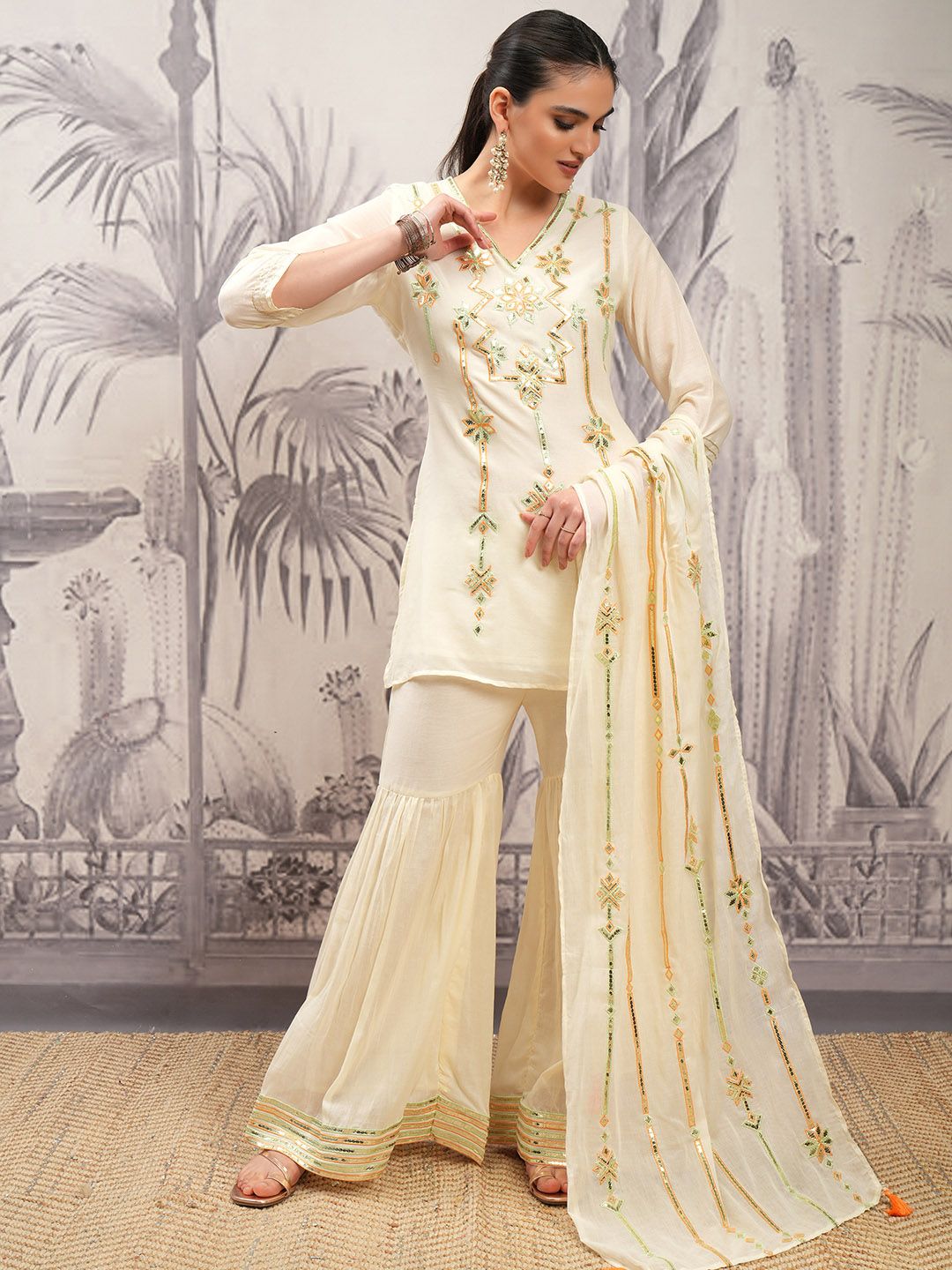 Vishudh Cream Ethnic Motifs Sequinned Pure Cotton Straight Kurta With Sharara & Dupatta