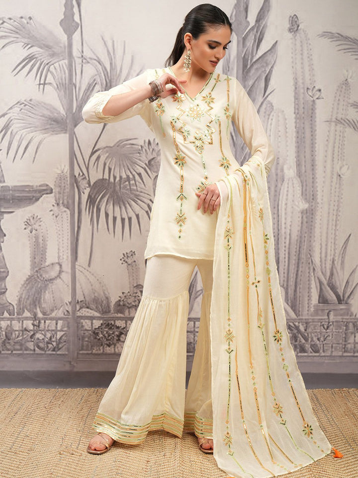 Vishudh Cream Ethnic Motifs Sequinned Pure Cotton Straight Kurta With Sharara & Dupatta