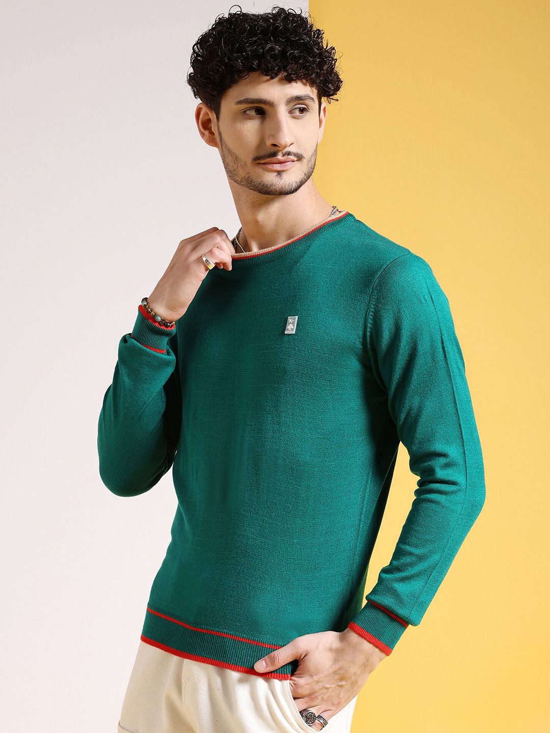 The Indian Garage Co Green Round Neck Acrylic Pullover