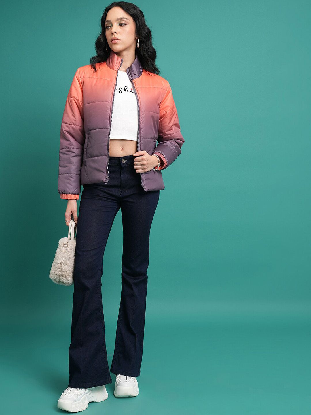 Tokyo Talkies Black & Orange-Coloured Colourblocked Mock Collar Puffer Jacket
