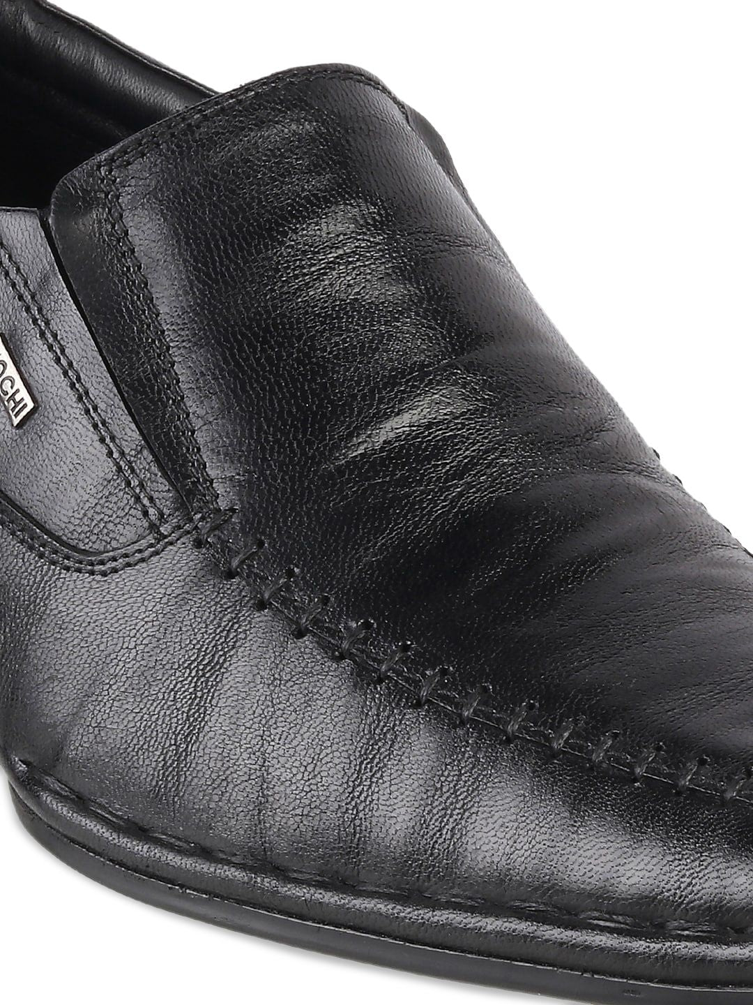 Mochi Men Black Solid Leather Formal Slip-Ons