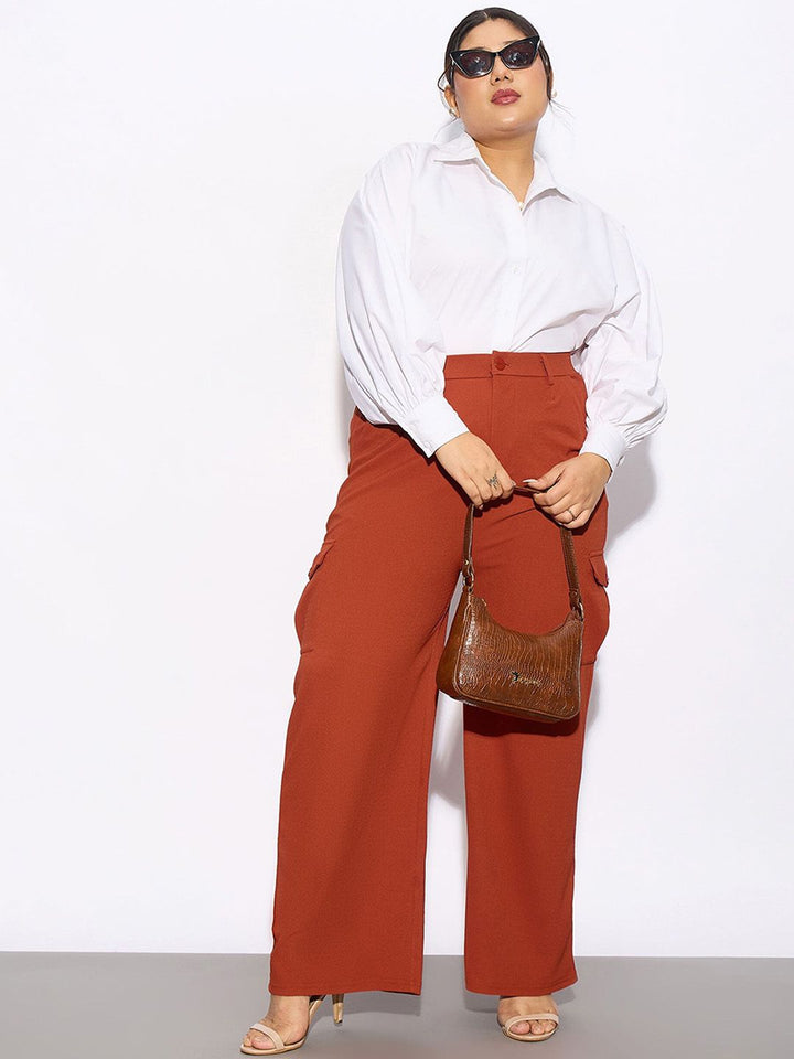 SASSAFRAS Curve Women Plus Size Rust Orange Straight Fit Pleated-Front Cargos Trousers