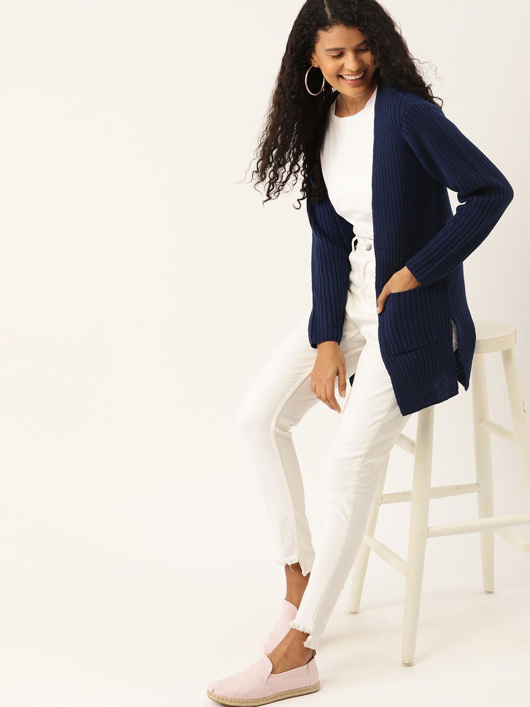 DressBerry Women Navy Blue Ribbed Longline Front-Open Sweater