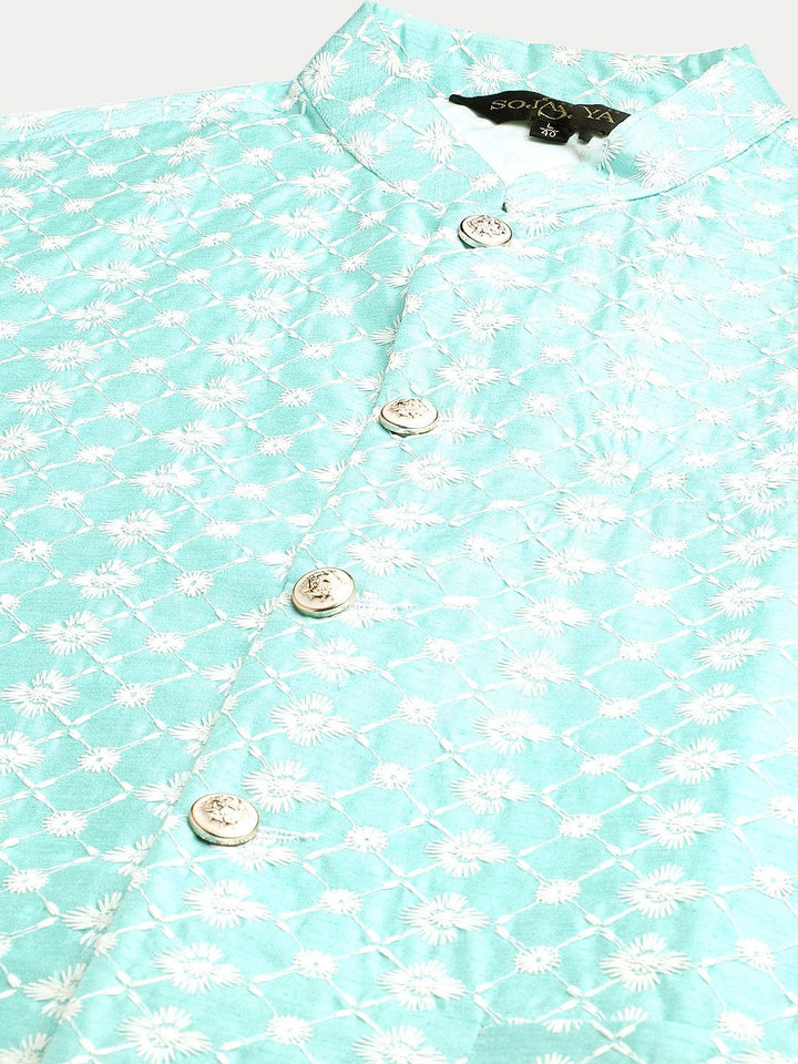 SOJANYA Men Sea Green & White Woven Design Kurta with Pyjamas & Nehru Jacket