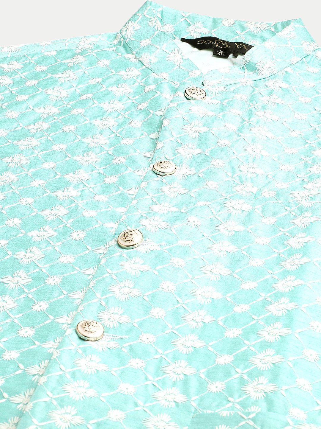 SOJANYA Men Sea Green & White Woven Design Kurta with Pyjamas & Nehru Jacket