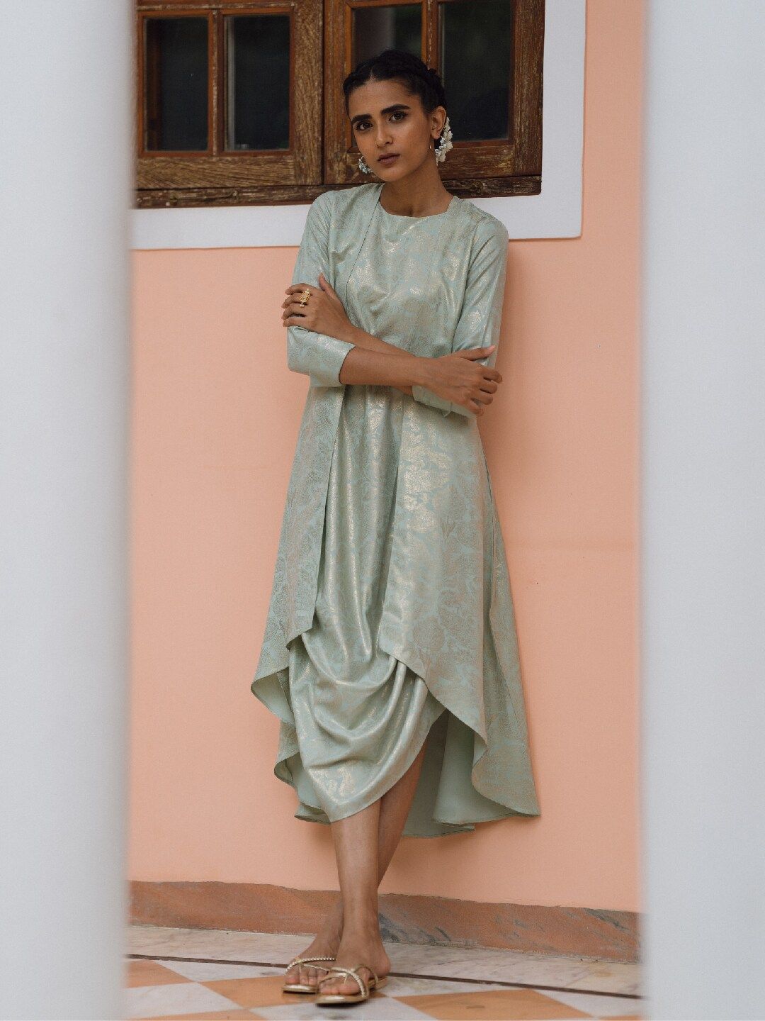 W Green Ethnic A-Line Midi Dress