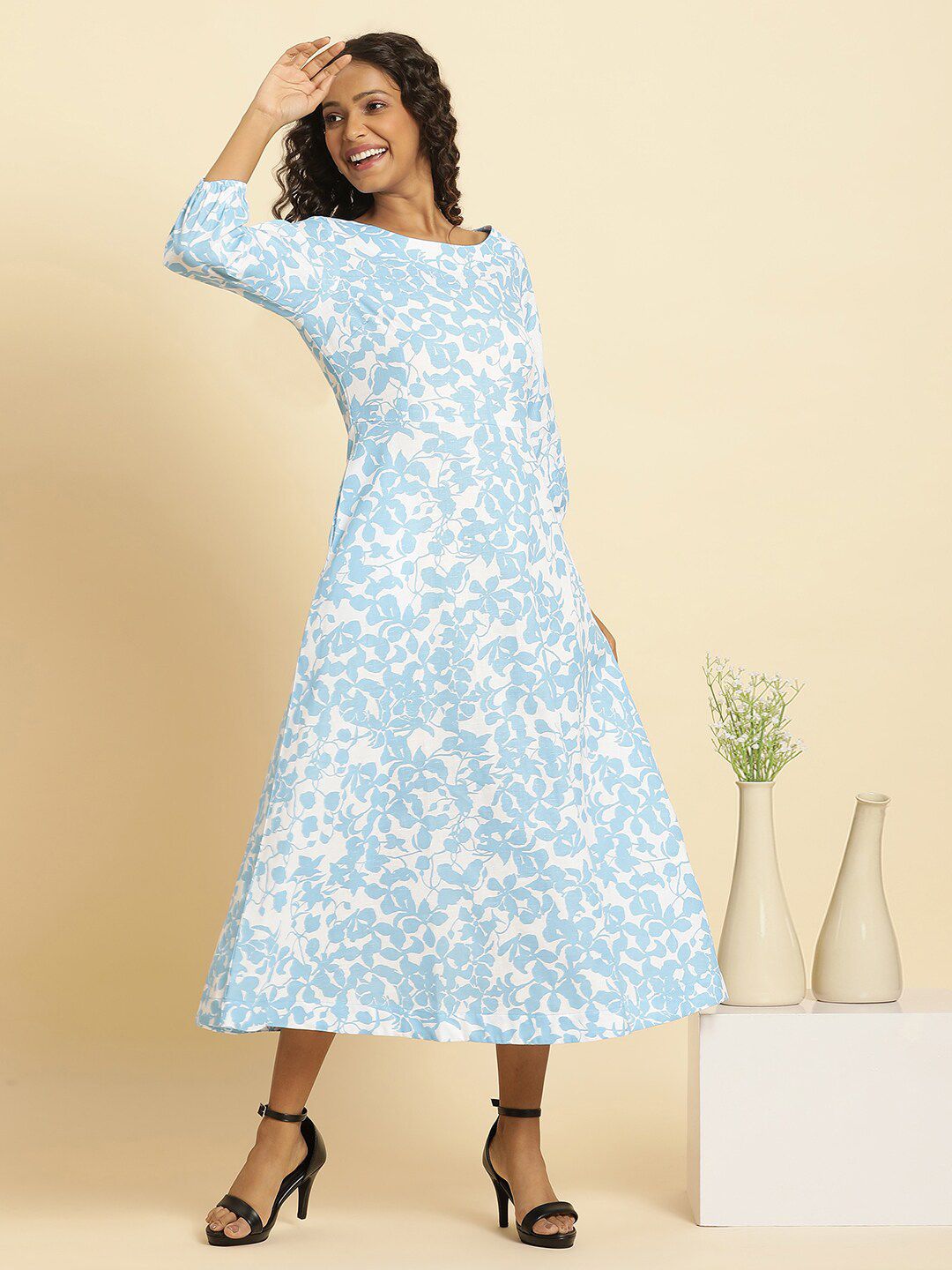 W Floral Printed Cotton A Line Midi Dress