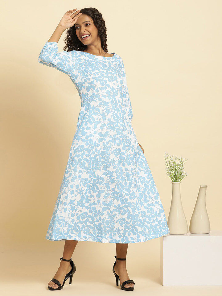 W Floral Printed Cotton A Line Midi Dress