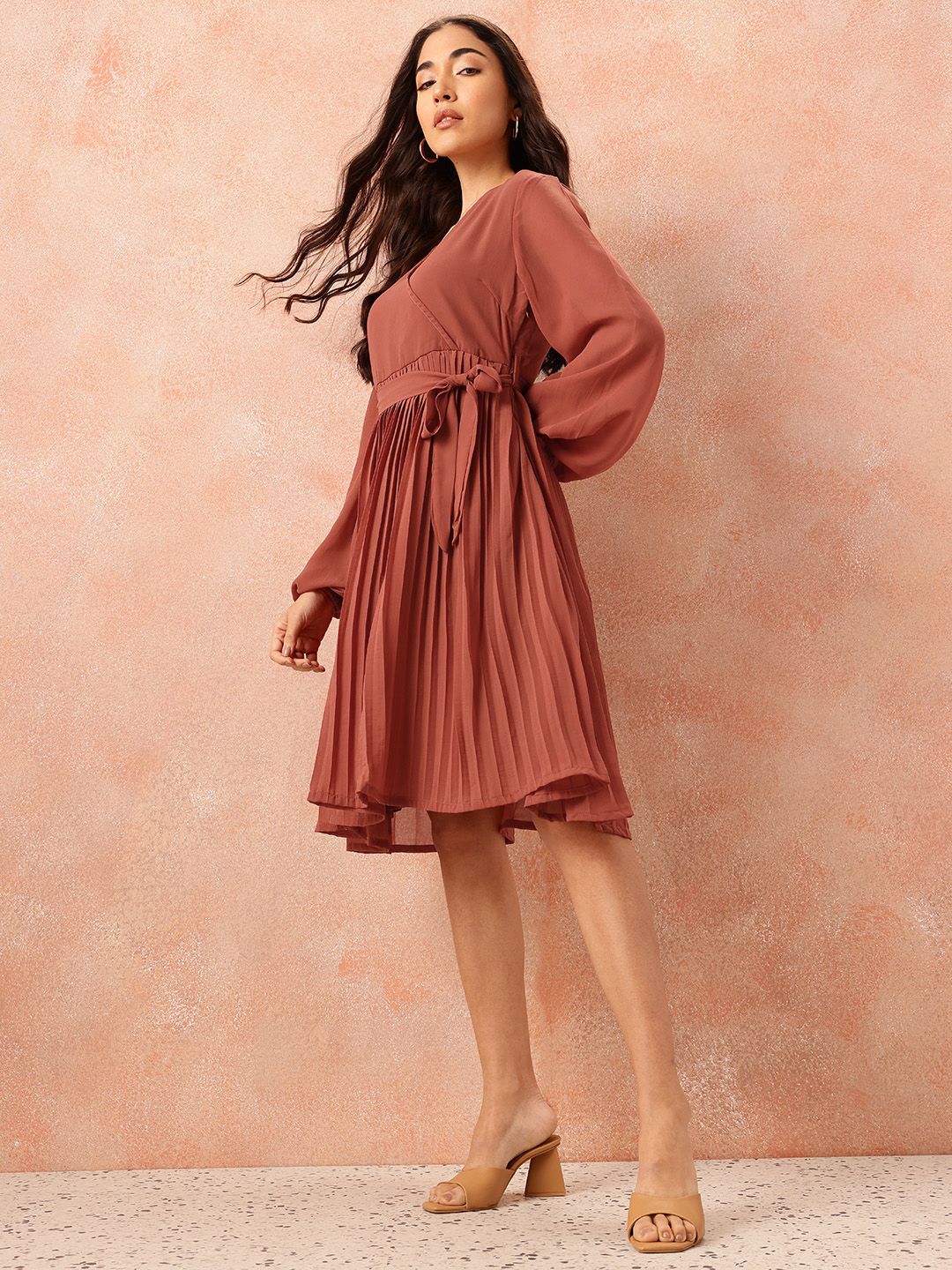 all about you Box Pleats Wrap Dress with Belt