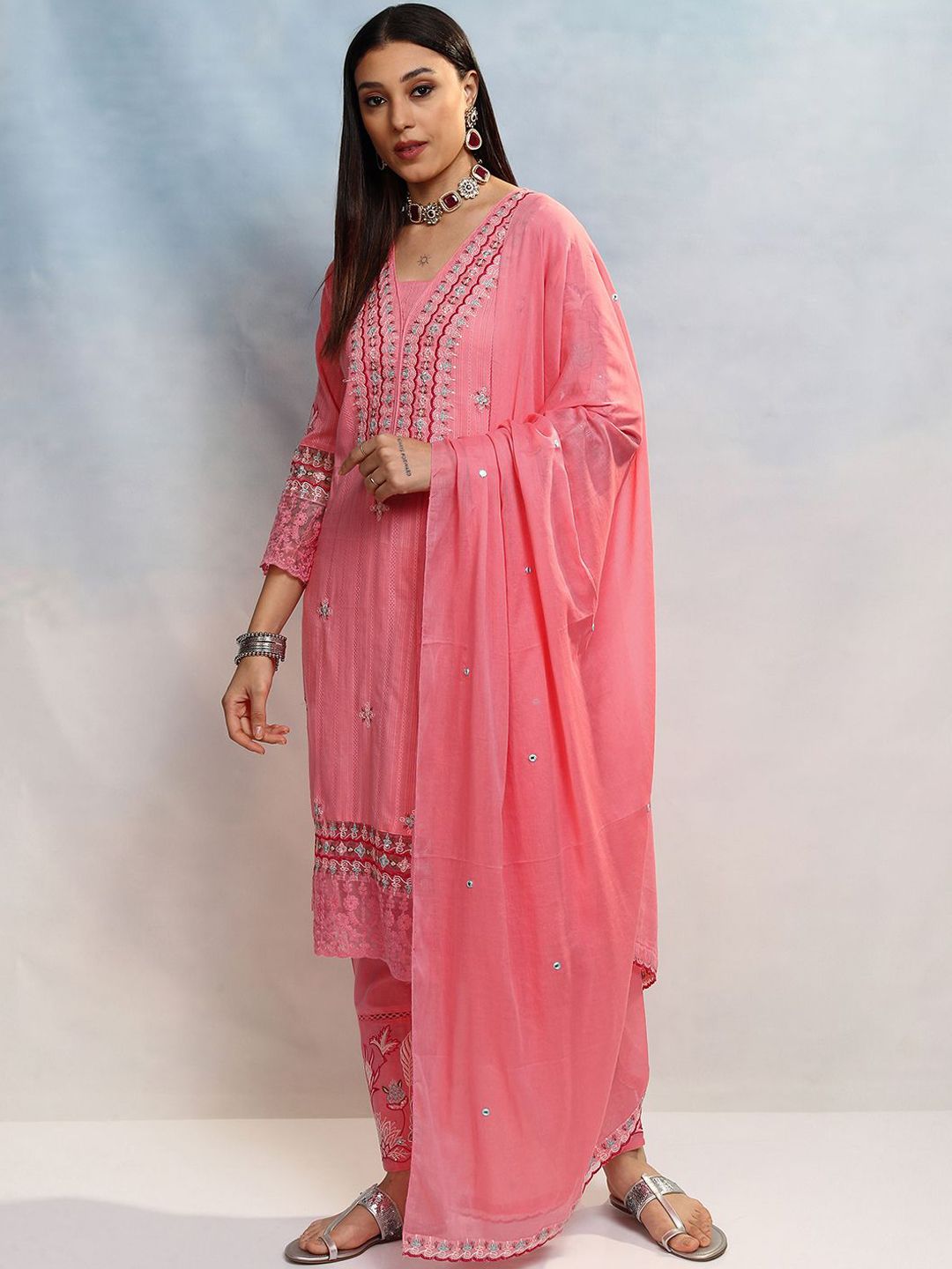 Vishudh Women Embroidered Regular Thread Work Pure Cotton Kurta with Trousers & Dupatta