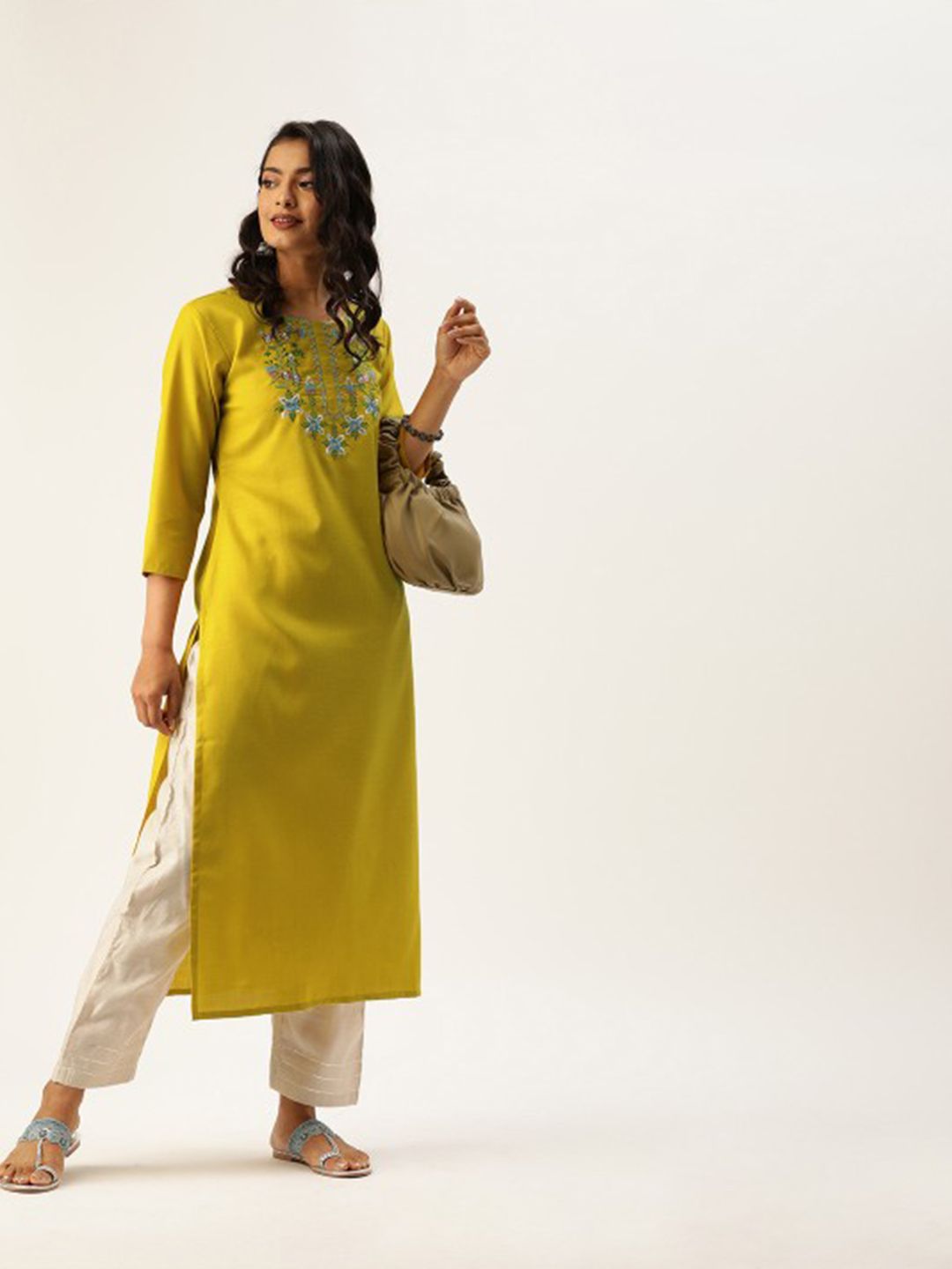 Varanga Mustard Green Floral Yoke Design Thread Work Round Neck Cotton Straight Kurta