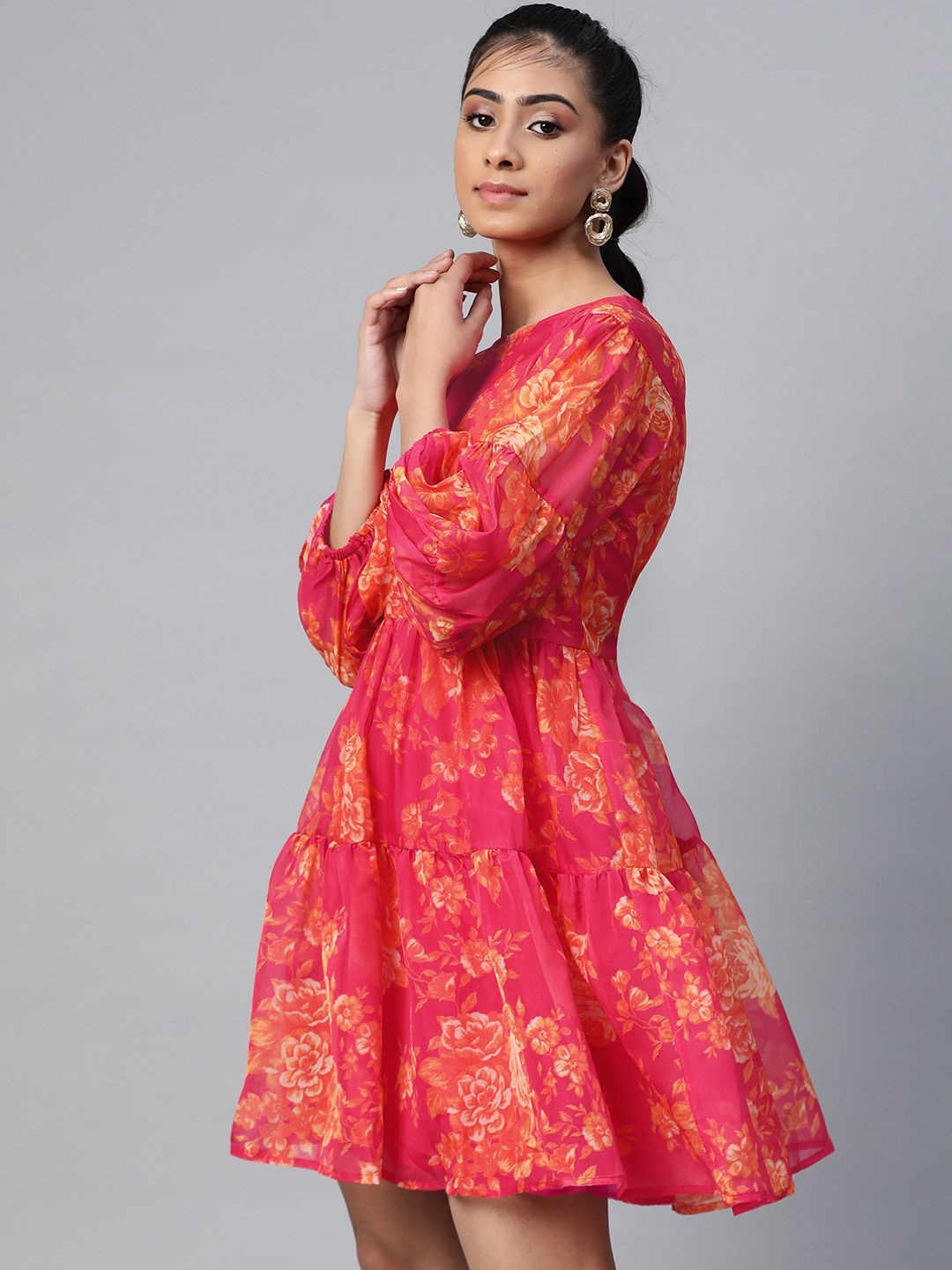 SASSAFRAS Pink & Orange Floral Printed Tiered A-Line Dress With Puff Sleeves