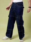 The Indian Garage Co Men Wide Leg Contrast Stitch Mid-Rise Cotton Cargo Jeans
